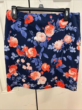 Talbots Navy Floral Pencil Skirt with Coral Roses